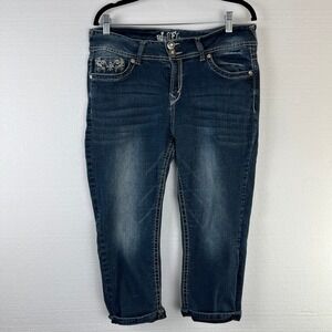 WallFlower‎ Capri Jeans Juniors Size 15 Blue Low-rise Cuffed Embellished Pocket